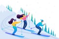 Young people friends skiing, relaxing in the mountains, friendship. Flat 2D character. Concept for web design