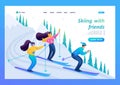 Young people friends skiing, relaxing in the mountains, friendship. Flat 2D character. Landing page concepts and web design