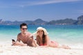 Young People Group On Beach Summer Vacation, Happy Smiling Couple Lying Sand Seaside Royalty Free Stock Photo