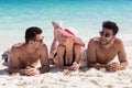 Young People Group On Beach Summer Vacation, Happy Smiling Friends Lying Sand Seaside Royalty Free Stock Photo