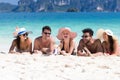 Young People Group On Beach Summer Vacation, Happy Smiling Friends Lying Sand Seaside Royalty Free Stock Photo