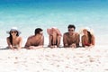 Young People Group On Beach Summer Vacation, Happy Smiling Friends Lying Sand Seaside Royalty Free Stock Photo