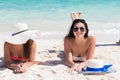 Young People Group On Beach Summer Vacation, Happy Smiling Girl Lying Sand Seaside Royalty Free Stock Photo