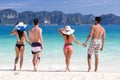 Young People Group On Beach Summer Vacation, Two Couple Holding Hands Friends Walking Seaside