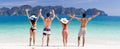 Young People Group On Beach Summer Vacation, Two Couple Raised Hands Friends Seaside