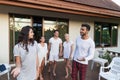 Young People Group On Terrace Tropical Hotel, Friends Tropic Holiday Vacation Royalty Free Stock Photo