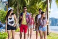 Young People Group Tropical Beach Palm Trees Friends Walking Speaking Holiday Sea Summer Vacation