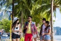 Young People Group Tropical Beach Palm Trees Friends Walking Speaking Holiday Sea Summer Vacation