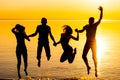 Young people, guys and girls, students are jumping against the sunset background Royalty Free Stock Photo