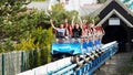 Young people have fun during the catapult launch on the"Blue Fire"rollercoaster at the "Europa-Park"