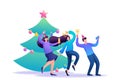 Young people have fun near the Christmas tree, laughing, dancing, taking pictures. Flat 2D character. Concept for web design