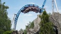 Young people have fun on the "Blue Fire" rollercoaster at the "Europa-Park" theme park