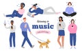 Young people in headphones listening to music at home, doing yoga, in the street walking a dog, joyful cartoon Royalty Free Stock Photo