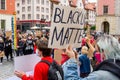 Young people hold a poster with words `Black lives matter` on polish peaceful protest