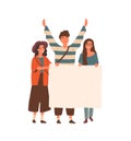 Young people holding blank placard flat vector illustration. Students protest, youth social movement concept. Happy