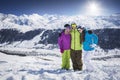 Young people hugging and posing ski resort Royalty Free Stock Photo