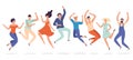 Young people jump. Jumping teenagers group, happy teen laughing students and smiling excited people flat vector Royalty Free Stock Photo