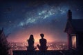 Young people in love looking at the night sky with stars and the Milky Way, illustration generated by AI Royalty Free Stock Photo