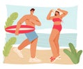 Young people man and woman on the beach in swimming suits, flat vector isolated. Royalty Free Stock Photo