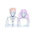 Young people man woman in face mask line icon.