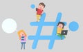 Young people over hashtag internet symbol. 3d illustration