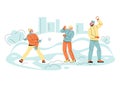 Young people play snowballs fight in the park. Fun winter games. Vector illustration in cartoon style.