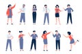 Young people point on something, show direction. Isolated characters hand and finger up, pointing and showing. Recent Royalty Free Stock Photo