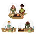 Young people prepare food in the kitchen from healthy products. Vector cartoon flat illustration.