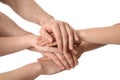 Young people putting their hands together on white, closeup Royalty Free Stock Photo