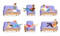 Young people relax on the couch at home. Vector illustration Royalty Free Stock Photo