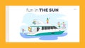 Young People Relaxing on Luxury Yacht at Ocean Landing Page Template. Summertime Vacation, Happy Characters Rest