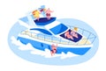 Young People Relaxing on Luxury Yacht at Ocean. Summertime Vacation, Happy Male and Female Characters Resting on Ship