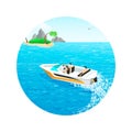 Young people ride a motor boat off the islands Royalty Free Stock Photo