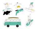 Young people riding on surfboards set, vintage camper van