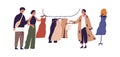 Young people shopping in retail fashion store. Scene with buyers choosing trendy women clothes. Colored flat cartoon vector