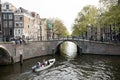 Young people sit on bridge over amsterdam canal while small boat Royalty Free Stock Photo