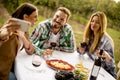 Young people sitting by the table and drinking red wine in the v Royalty Free Stock Photo