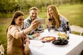 Young people sitting by the table and drinking red wine in the v Royalty Free Stock Photo