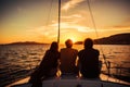 Young people sitting on the yacht deck sailing sea ocean in sunset. Summer, vacation, travel, sea, holidays, friendship Royalty Free Stock Photo