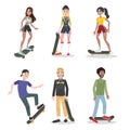 Young people in skate park skateboarding set Royalty Free Stock Photo