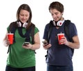 Young people with smartphone mobile phone cola drink isolated Royalty Free Stock Photo