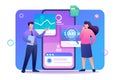 Young people stand near the mobile phone screen, testing the program and mobile application. Flat 2D character. Concept for web