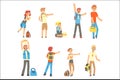 Young people standing with a sign hitchhiking and raised their thumb up set, travelling by autostop cartoon vector