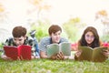 Young people studying reading book in park. education study by read. Royalty Free Stock Photo