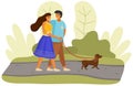 Happy couple of people in sunny day walks with dog in park. Owners in relationship walk with pet Royalty Free Stock Photo