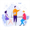 Young people talking about work tasks on meeting behaind them visualize icon graph and diagram. Royalty Free Stock Photo