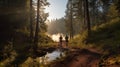 Young people trail running on a mountain path. Two runners working out in morning. person runs on forest trail surrounded by pine Royalty Free Stock Photo