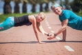 Young people training push up exercise together