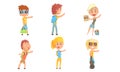 Young People Travelling by Autostop Collection, Male and Female Tourists Characters Hitchhiking Vector Illustration