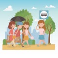 Young people with umbrella walking in the park characters